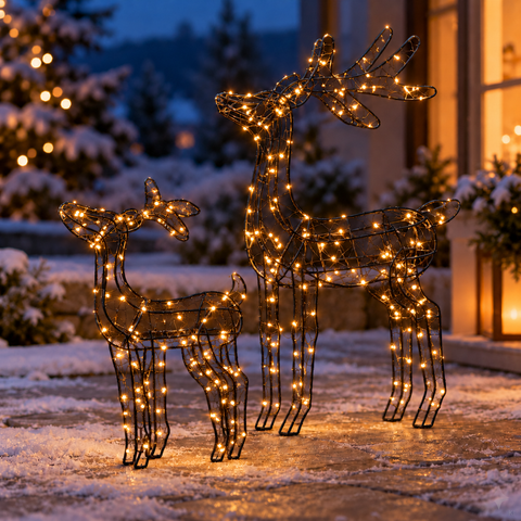 LED Rentiere Outdoor schwarz klassischwarm 5x34x56 cm und 120x140 cm 2er Set