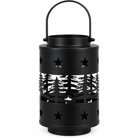 Schwarze metalllaterne 20cm mit stern und wald silhouette ausgeschnitten für stimmungsvolle beleuchtung