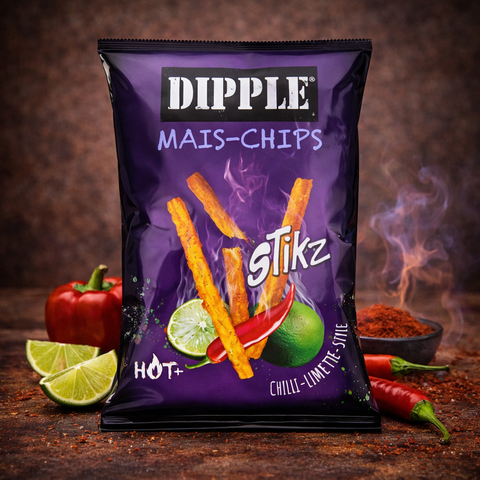Lila tasche dipple mais-chips stikz in chili-limette geschmack von dipple 90g