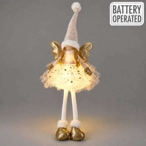 Engelmädchen led 60cm rosa batterie betriebene feenfigur mit weißem hut goldenen flügeln leuchtendem tüllrock und goldenen stiefeln