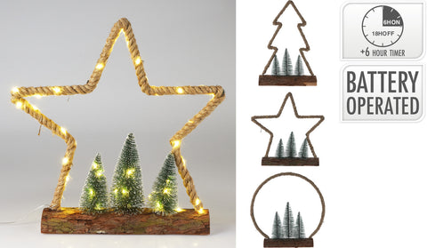 Weihnachtsfigur aus Jute auf Holzsockel mit Metallrahmen und 45 warmweißen LEDs