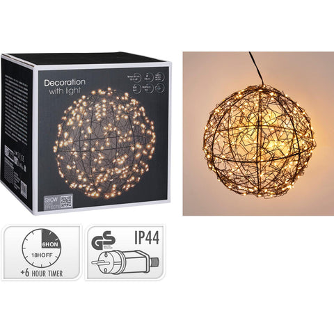 Sphärische dekorative lampe ball mit led schwarz 18 cm aus geflochtenem draht mit warmweißer beleuchtung