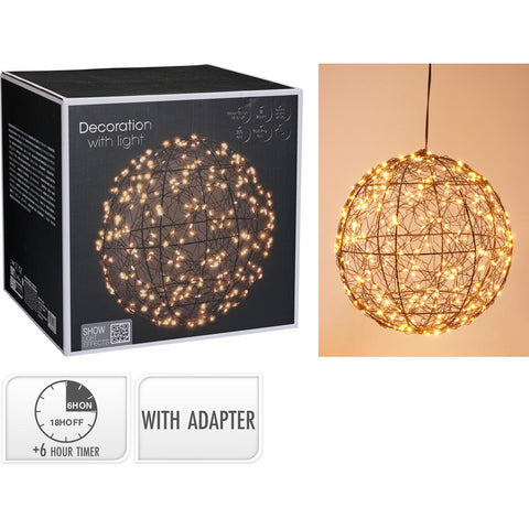 Eine kugelförmige ball mit led schwarz 25cm leuchte mit warmem goldenen licht in einem filigranen drahtgestell