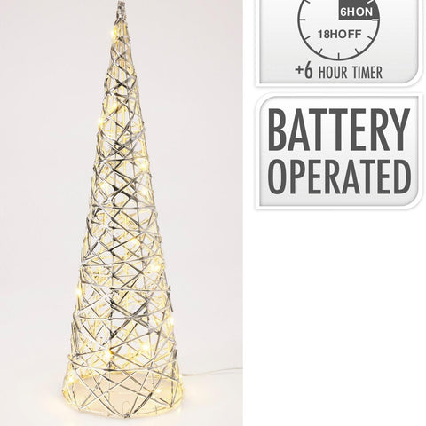 Silberne pyramide 40 cm mit led aus draht in konischer form mit warmweißen batteriebetriebenen led-lampen