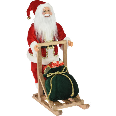 Weihnachtsmann auf schlitten red white plush figurine mit goldborten gürtel stehend auf holzschlitten mit grünem samt sack