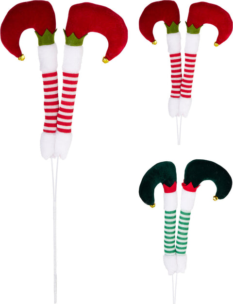 Elfbeine am stab 60cm mit rot-grüner elfenbein-dekoration gestreiften socken und goldenen glöckchen
