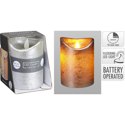 Ledkerze 7,5x10 cm silber mit silberner struktur, flackerndem flameffekt und batteriebetriebenem design