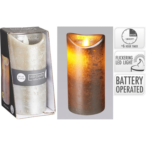 Ledkerze silber 7,5x15cm mit flackernder led-flamme und strukturierter, transluzenter wachseroberfläche