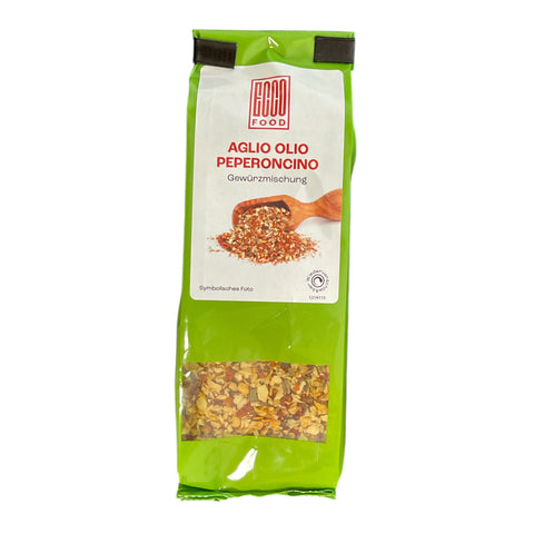 Grüne packung rocco foods aglio olio peperoncino gewürzmischung mit sichtbarem fenster und chili flakes 40g