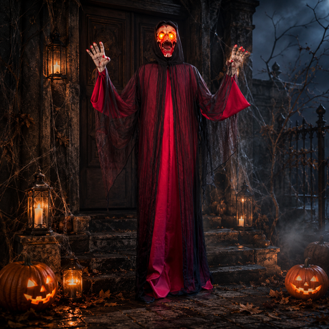 Animatronische greifender tod gestalt 210 cm mit rot schwarzem leuchtendem halloween gespenst und orange leuchtaugen