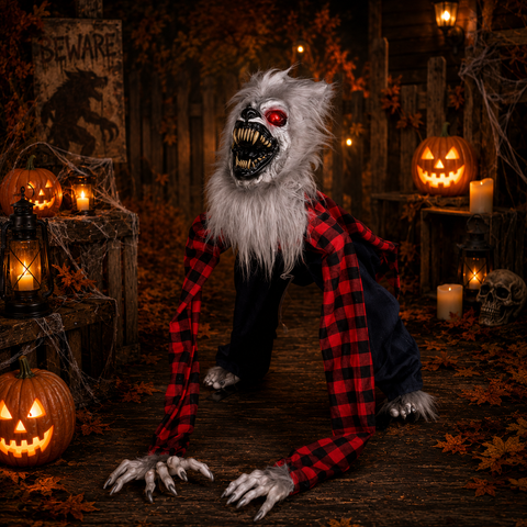 Animatronischer heulender werwolf 40x73 cm mit weißem fell, leuchtend roten augen, scharfen zähnen und karierter jacke