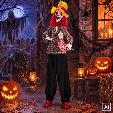 Animierter clown mit roten haaren trägt kariertes jackett und schwarze hose hält bunten lutscher in der hand