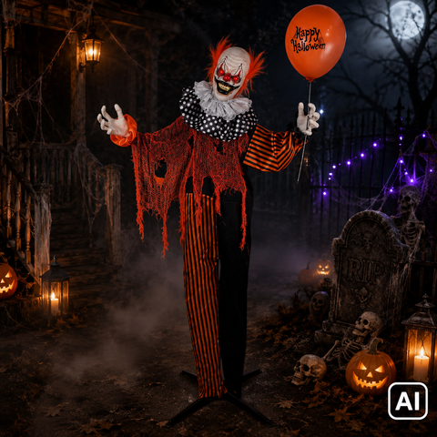 Animierter clown 166 cm mit weißem gesicht, rotem haar, schwarz-orange gestreiftem outfit und orange happy halloween ballon