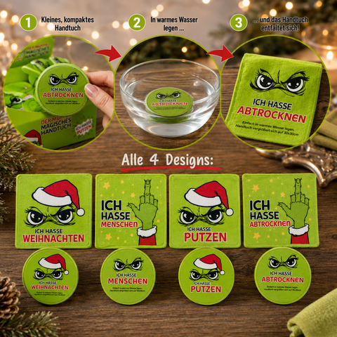 Grüne quadratische und runde bestickte handtücher mit grinch-motiven und rotem text magisches handtuch festtags-muffel 30x30cm