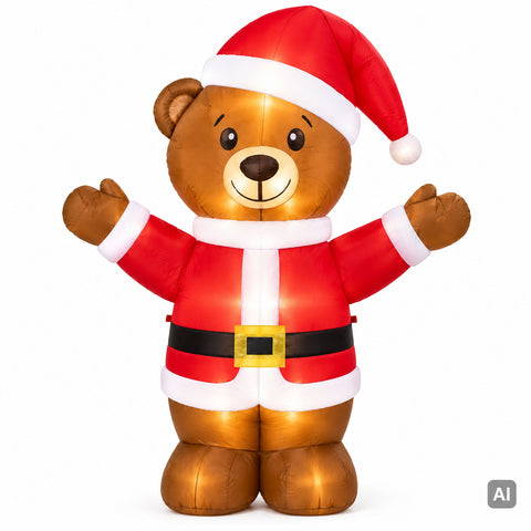 Aufblasbarer brauner weihnachtsmann bär 122 cm in rot weißer weihnachtsmannanzug mit goldener schnalle