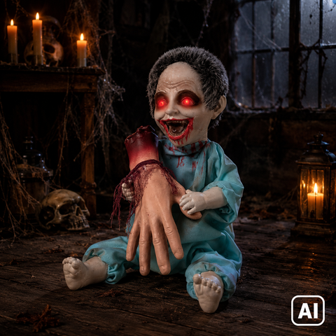 Babyzombie mit abgetrennter hand eine gruselige figur mit leuchtenden augen in petrolfarbenen krankenhausscrubs
