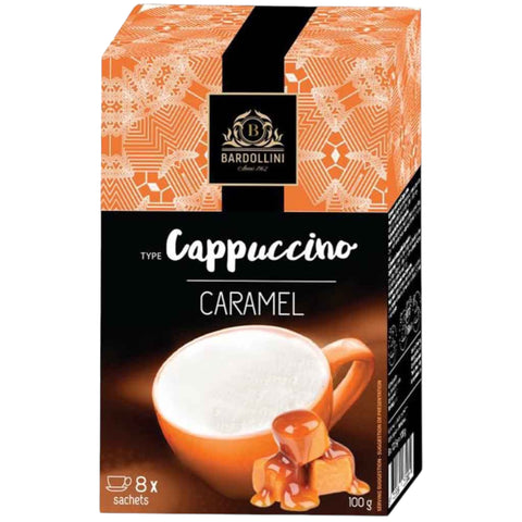 Bardollini cappuccino caramel 100g mit karamellgeschmack in orange schwarzer verpackung und latte art design
