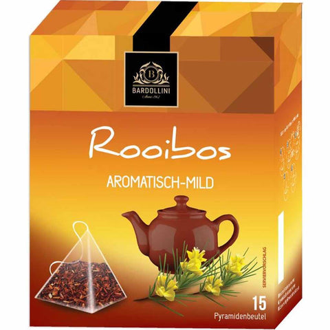 Eine packung bardollini rooibos aromatisch-mild tee mit orange-braunem geometrischem design und teekannenillustration