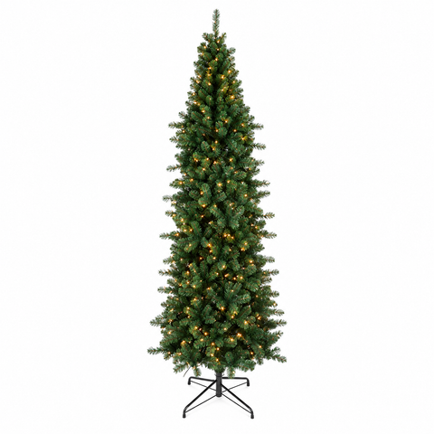 Ein hoher schlanker künstlicher weihnachtsbaum baum mit led 100x270 cm mit dichten grünen nadeln und warmweißen lichtern