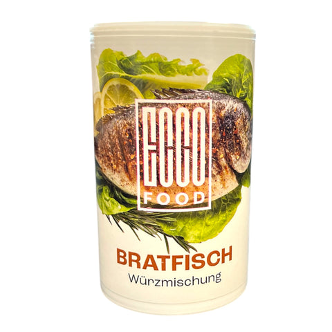 Ein zylindrischer behälter der egoo bratfisch würzmischung mit etikett und bild von gegrilltem fisch auf salat und zitronenscheiben