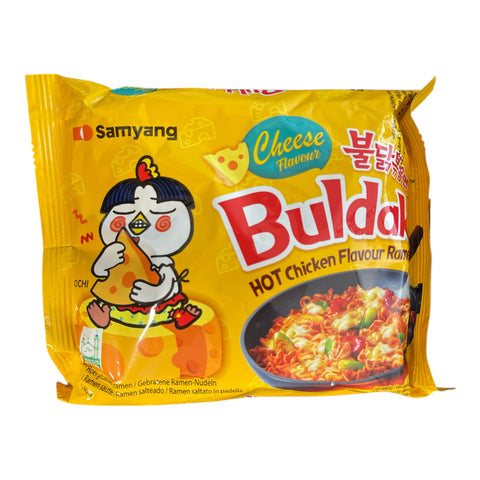 Yellow samyang buldak hot chicken cheese ramen pack with cartoon chicken and cooked noodles image