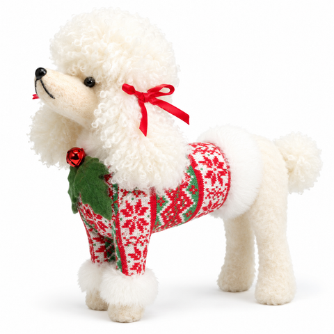 Weißes kuschel pudel hund stehend 31cm mit rotem und grünem schneeflockenpullover und roter schleife