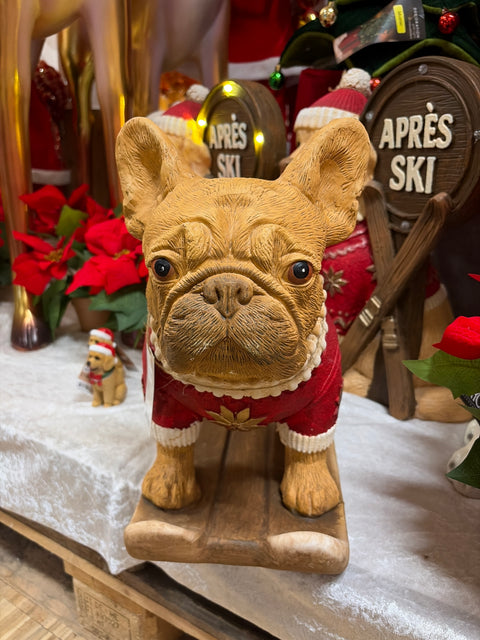 Hundefigur auf Skiern aus Polyresin 39 × 19,5 × 37 cm mehrfarbig