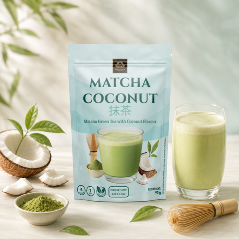 Ein hellblauer wiederverschließbarer beutel mit matcha kokos getränkepulver 90 g und grünem minimalistischem design