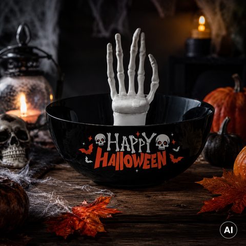 Schwarze halloween-candyschale mit happy halloween schrift und schädelmotiven mit weißer plastikskelett hand 25 cm