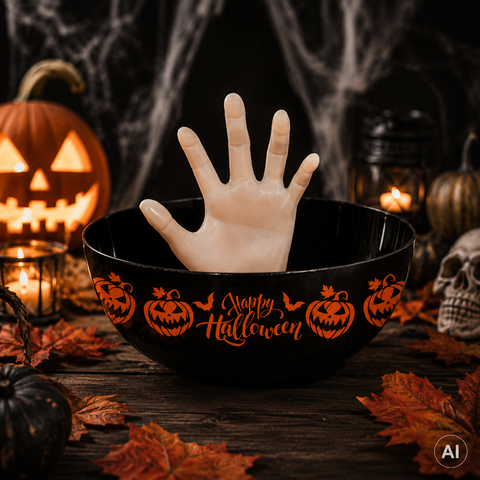 Schwarze candy schale aus keramik mit orangen kürbis und fledermaus motiven und happy halloween schriftzug 25 cm