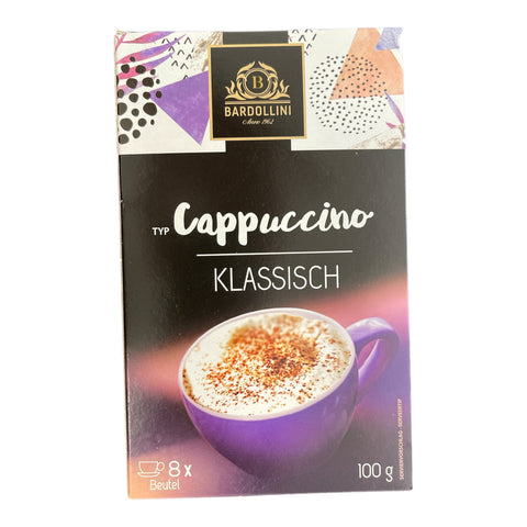 Bardollini cappuccino classic kaffeepackung in lila und schwarz mit einem bild eines schaumigen cappuccinos in einer tasse