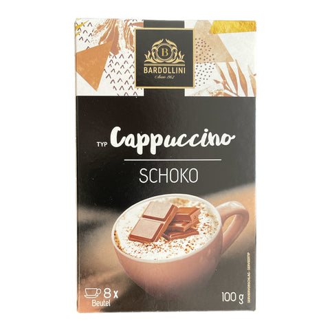 Bardollini cappuccino schoko schokoladentafel in schwarzer und goldener verpackung mit kaffeetasse und schokostücken