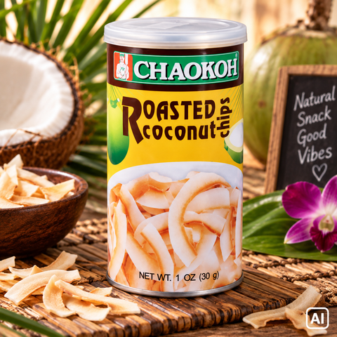 A can of chaokoh roasted coconut chips 30g with a yellow label brown and green accents showing the snack inside