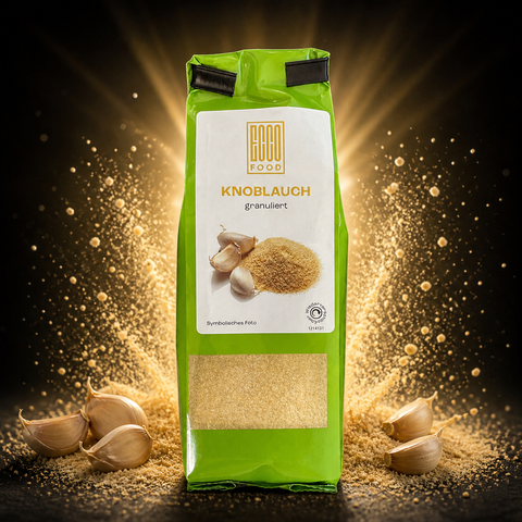 Green bag of cocco knoblauch granuliert granulated garlic with white label featuring gold text and imagery