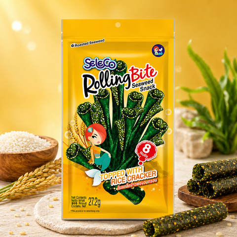 Gelbe seleco verpackung von seetang geröstet 24-28 g mit grünem gerolltem algen snack und reiscracker stücken