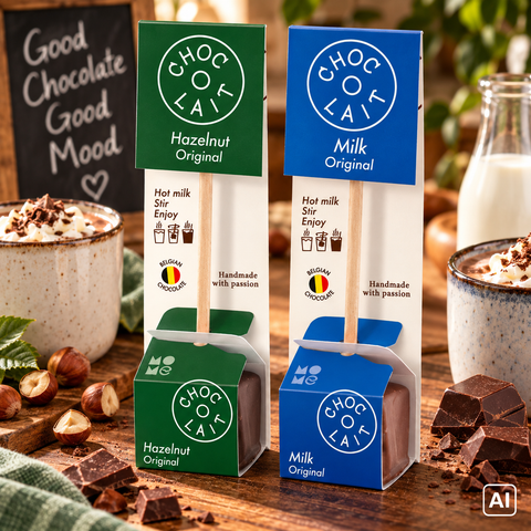 Zwei choc-o-lait mome trinkschokolade am stiel hot chocolate sticks mit holzlöffel in grüner und blauer verpackung