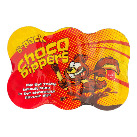 Funlab choco dippers 84g sechs pack schokoladenüberzogene keksstäbchen in rot gelber folie mit eichhörnchen mascotte