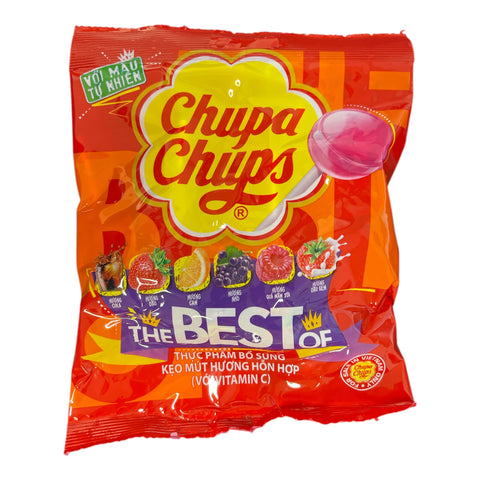 A vibrant red and orange plastic bag of chupa chups best of 93g assorted flavor lollipops with a glossy pink candy illustration