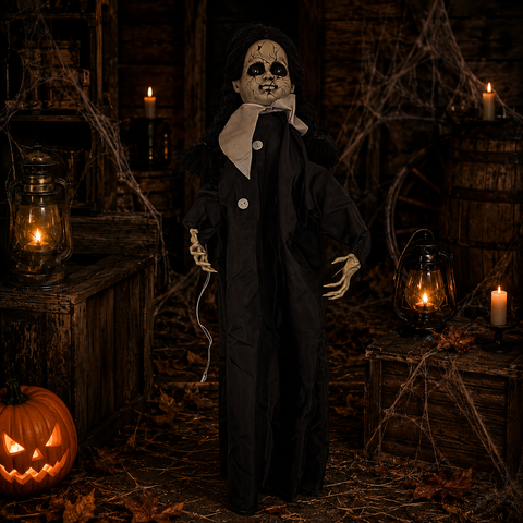 Spukige 18 zoll animierte cracked face doll halloweenpuppe mit weißem gesicht und schwarzem mantel zum hängen