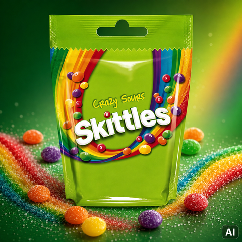 Ein lebendiger grüner wiederverschließbarer beutel skittles crazy sours 152g mit regenbogendesign und bunten bonbons