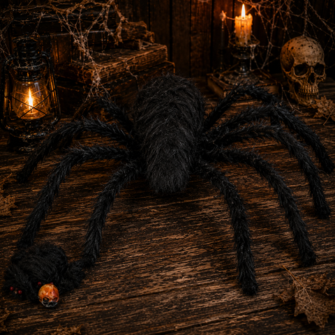 Eine schwarze kuschelspinne deko spinne 90 cm mit langen haarigen beinen und pelzigem körper auf holzoberfläche