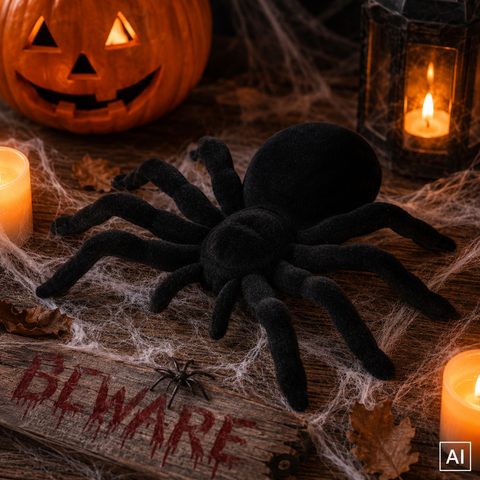 Schwarze deko-spinne aus samt 14 cm großer samtiger halloween-dekoration