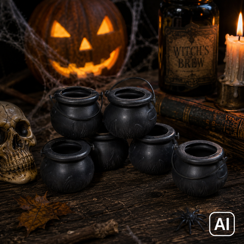 Set of five black plastic miniature cauldrons with handles and embossed patterns from dekoeimer 6er pack