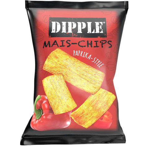 Ein lebhaftes rot-schwarzes paket dipple paprika maischips 90g mit goldbraunen rechteckigen maischips und frischer paprika