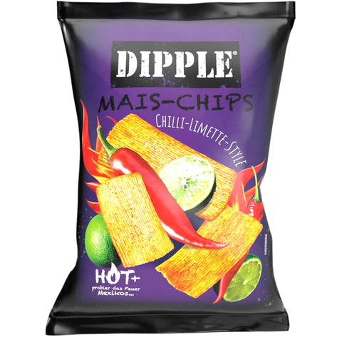 Purple und schwarze dipple mais-chips tüte mit hot chilli und lime geschmack 90g vorne