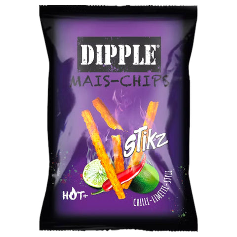 Purple bag of dipple mais-chips stikz in chili lime style 90g with spicy tangy flavor