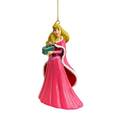 Disney baumschmuck aurora ornamen in rosa und weiß mit cape hält ein türkisfarbenes geschenkbox aus keramik