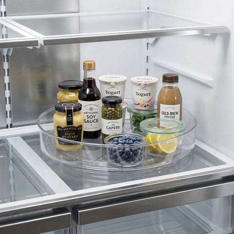 Klarer plastik drehteller organizer 27cm mit glatter transparenter oberfläche und erhöhten kanten für kühlschrank