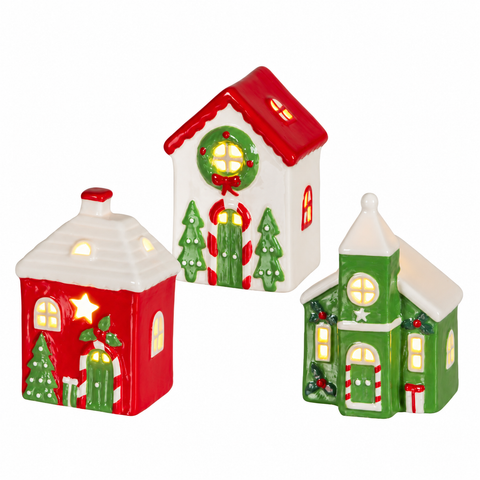 LED Haus Porzellan 7.4x6x12cm 3er Set
