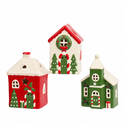 LED Haus Porzellan 7.4x6x12cm 3er Set